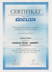 Certifikát Sinclair servis fiskálních registračních pokladen Sinclair